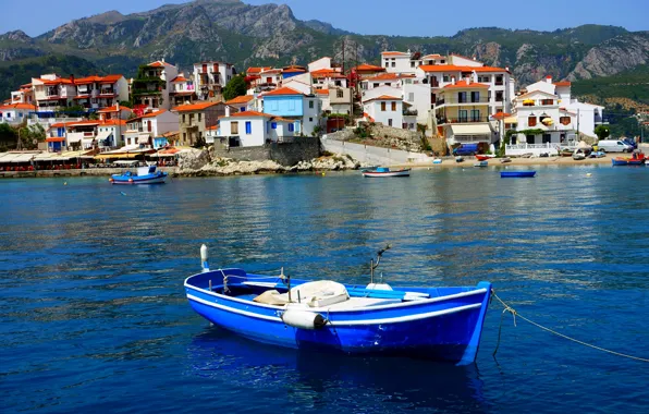Picture sea, landscape, mountains, nature, village, island, home, boats, Greece, Samos, Kokkari