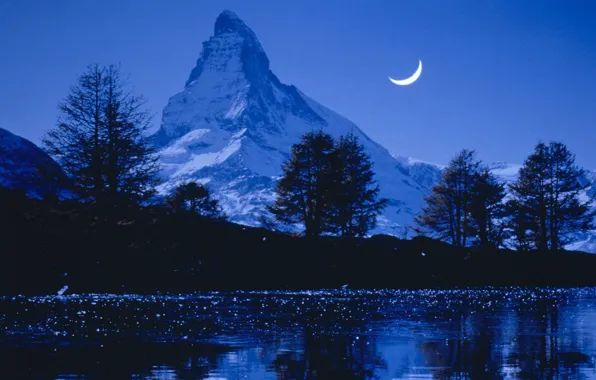 Picture the sky, snow, trees, mountains, night, nature, river, rocks, the moon, Switzerland, Alps, Matterhorn