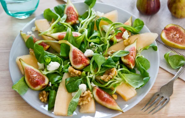 Picture cheese, salad, figs