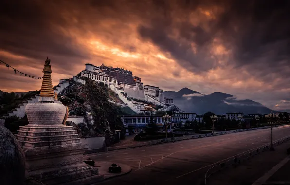 Picture road, mountains, clouds, Tibet, Potala Palace