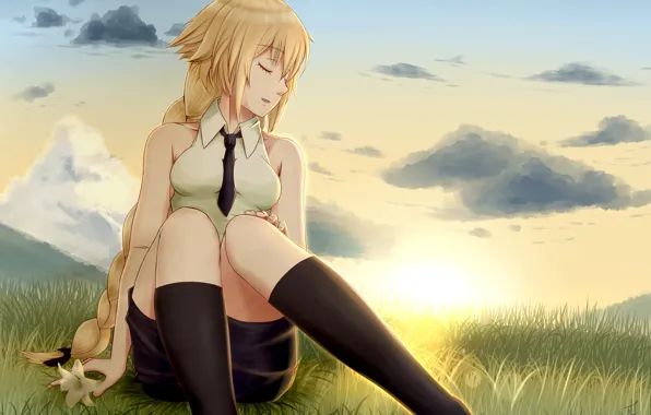 Picture flower, girl, sunset, meadow, sitting, Fate/Apocrypha, Fate - Apocrypha, Joan of Arc, Fate Apocrypha