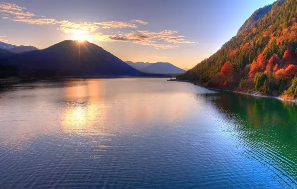 Picture autumn, the sky, the sun, rays, trees, sunset, lake, hills, height