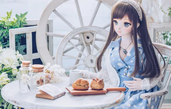 Picture girl, doll, the tea party, book, cake