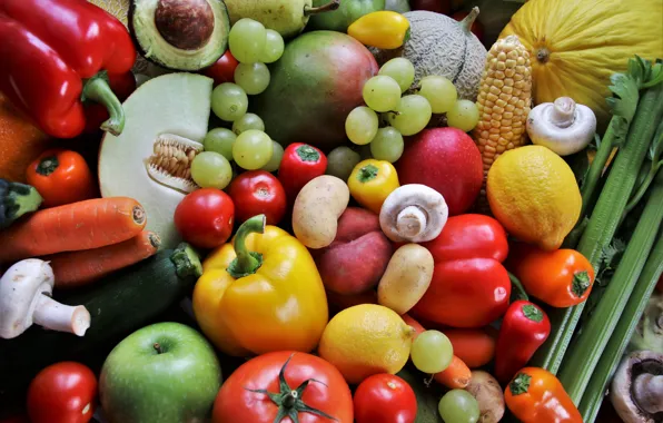 Picture lemon, mushrooms, corn, grapes, fruit, vegetables, tomatoes, carrots, potatoes, sweet pepper