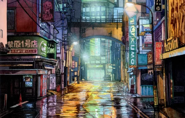 Picture wire, Japan, wet asphalt, night city lights, deserted city, light lantern, огни реклам, by Mateusz …