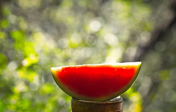 Picture light, red, watermelon, slice, glows, piece, bokeh