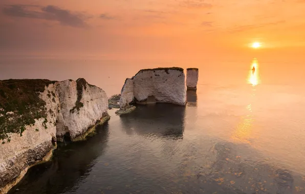 Picture rocks, dawn, boat, England, sail, Dorset, Old Harry Rocks, Old Harry