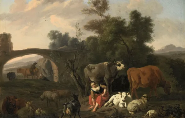 Picture oil, picture, canvas, Landscape with Shepherds and Cattle, Dirck van Bergen, 1690, Dirk van Bergen