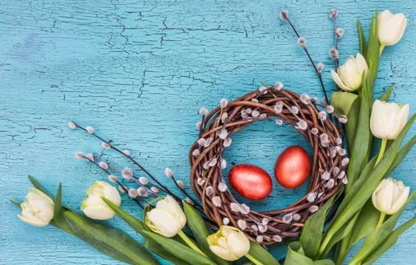 Picture holiday, eggs, Easter, tulips, wreath, Verba