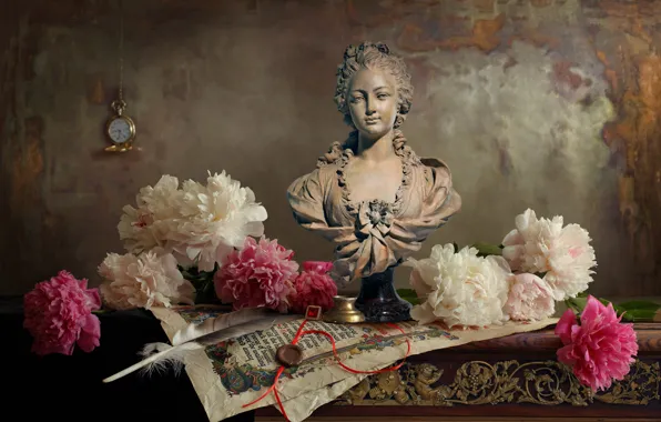 Picture flowers, paper, pen, watch, leaves, sculpture, bust, peonies, Andrey Morozov
