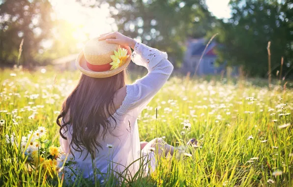 Picture girl, field, hat, sunset, flowers, sun