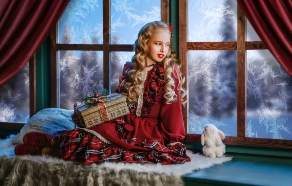 Picture gift, toy, rabbit, dress, window, frost, girl, pillow, Bunny, curls, on the windowsill, Диана Липкина