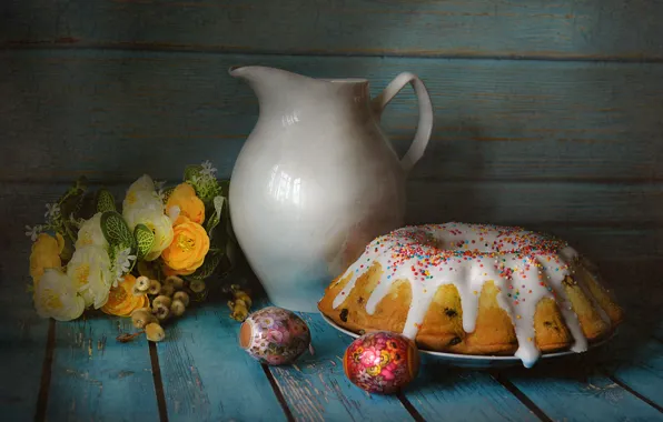Picture flowers, table, egg, bouquet, dishes, pitcher, still life, cake