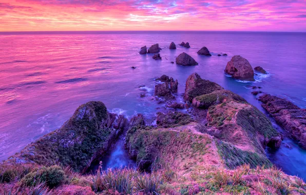 Picture sea, sunset, stones, rocks, horizon, the color purple
