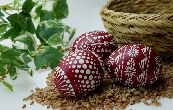 Picture leaves, holiday, pattern, grain, eggs, spring, Easter, trio, brown, ornament, network, painting, painted, eggs, composition