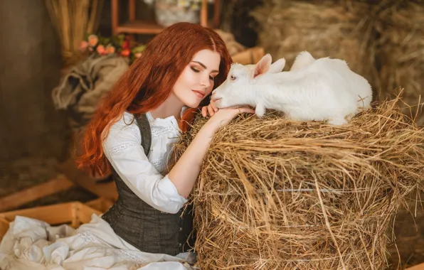 Picture girl, hay, red, redhead, goat, closed eyes, goat, Диана Липкина