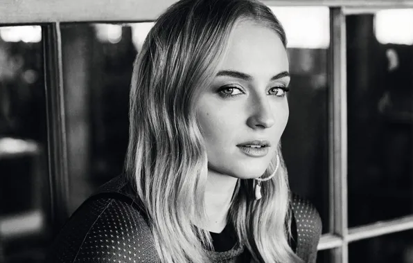 Picture black & white, hair, actress, Sophie Turner, Sophie Turner, black and white photo, black and …