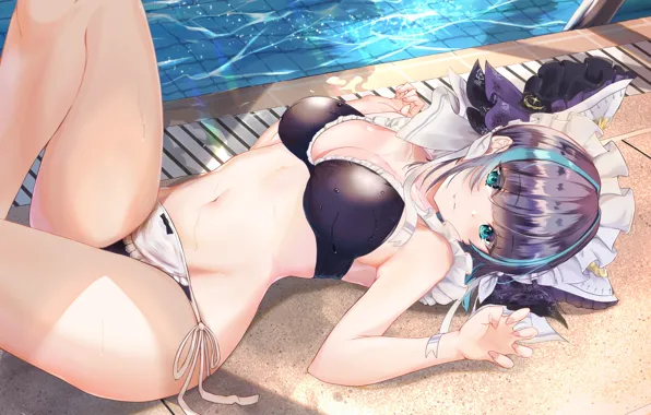 Picture girl, sexy, pool, cleavage, boobs, anime, blue eyes, beautiful, short hair, pretty, cheshire, erotic, breasts, …