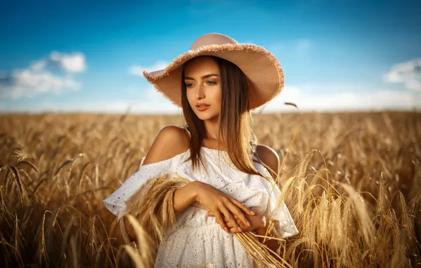 Picture field, summer, the sky, look, girl, nature, style, white, model, hat, makeup, dress, girl, hair …