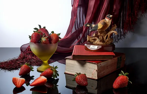 Picture style, reflection, berries, books, strawberry, figurine, bird, still life, figure