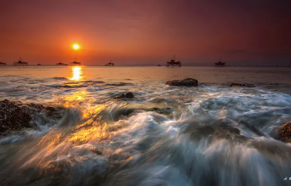 Picture sea, the sky, sunset, stones, Indonesia, Anton Raharja