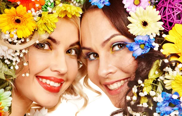 Picture look, flowers, close-up, girls, makeup, face, blonde, white background, brown hair, smile, beautiful
