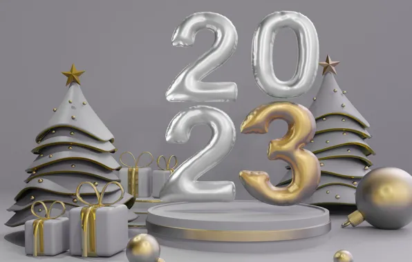 Picture balls, rendering, silver, figures, New year, grey background, herringbone, box, date, Christmas trees, 2023, Новый …