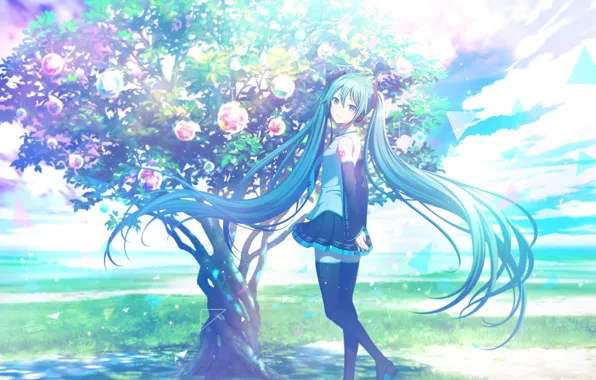 Picture girl, balls, nature, tree, Hatsune Miku, Vocaloid