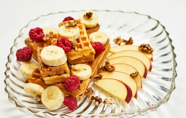 Picture raspberry, apples, bananas, fruit, nuts, waffles