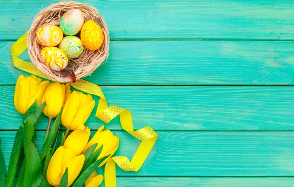 Picture flowers, eggs, bouquet, yellow, colorful, Easter, tulips, happy, yellow, wood, flowers, tulips, Easter, eggs, decoration