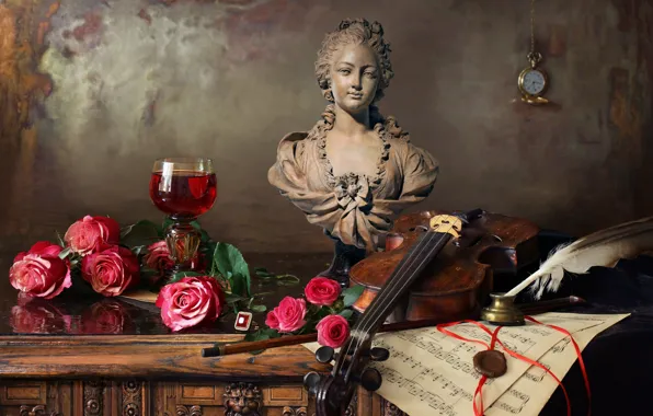 Picture flowers, notes, pen, violin, watch, glass, roses, leaves, ring, bust, print, Andrey Morozov
