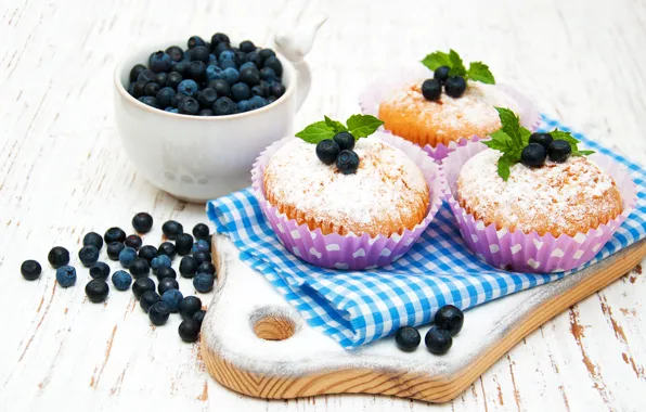 Picture berries, bowl, blueberries, powdered sugar, muffins, Olena Rudo