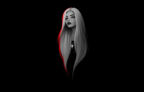 Picture Girl, dark, long hair, minimalism, red eyes, artwork, black background, necklace, white hair, simple background
