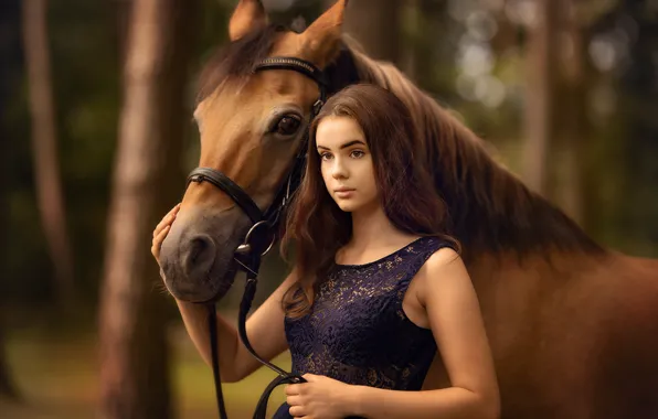 Picture forest, look, face, girl, nature, face, pose, horse, horse, portrait, hands, brunette, girl, brown hair, …