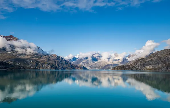 Picture clouds, mountains, lake, reflection, shore, tops, pond, snow, blue sky, mountain range