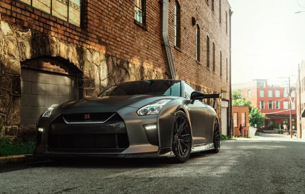 Picture Nissan, Front, Grey, R35, Building, Road, Nissan GTR, Town