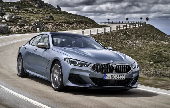 Picture road, coupe, BMW, slope, Gran Coupe, 8-Series, 2019, the four-door coupe, Eight, G16, steel gray