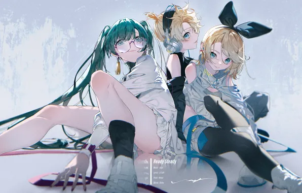 Picture headphones, glasses, blue eyes, vocaloid, Hatsune Miku, Kagamine Rin, three, sitting on the floor, the …