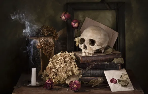 Picture flowers, old, the dark background, table, smoke, books, skull, roses, candle, frame, dry, still life, …