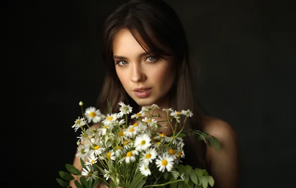 Picture look, flowers, background, model, portrait, chamomile, bouquet, makeup, hairstyle, brown hair, beauty, black background, bokeh, …