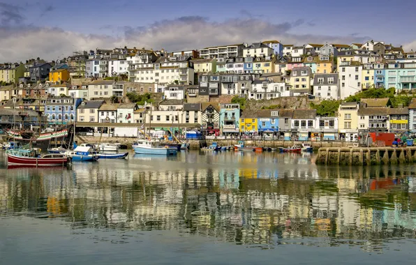 Picture water, the sun, shore, England, home, Bay, yachts, boats, Devon, boats, piers, Brixham