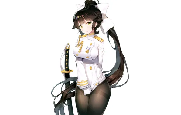 Picture girl, sword, sexy, long hair, boobs, anime, beautiful, pretty, brunette, breasts, attractive, handsome, pantyhose, uniform, …