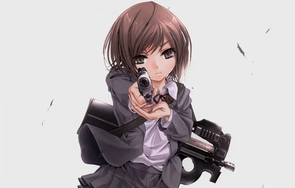 Picture look, machine, schoolgirl, grey background, the barrel of a gun, School Killers, at gunpoint, Genrietta
