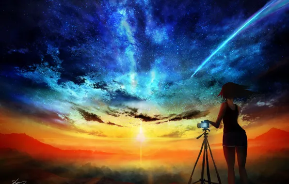 Picture girl, sunset, the camera, the milky way