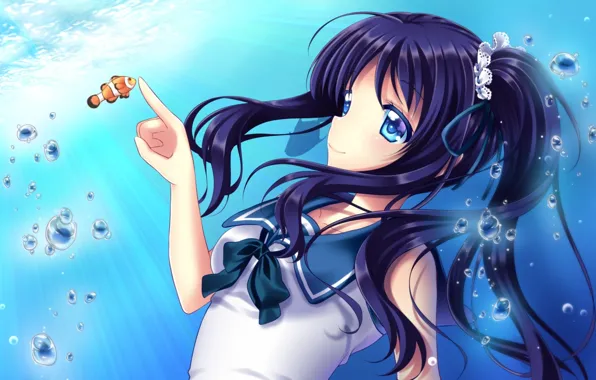 Picture girl, fish, anime, art, Cloudless Tomorrow
