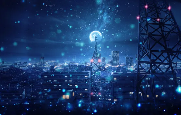 Picture the sky, girl, night, the city, the moon, tower