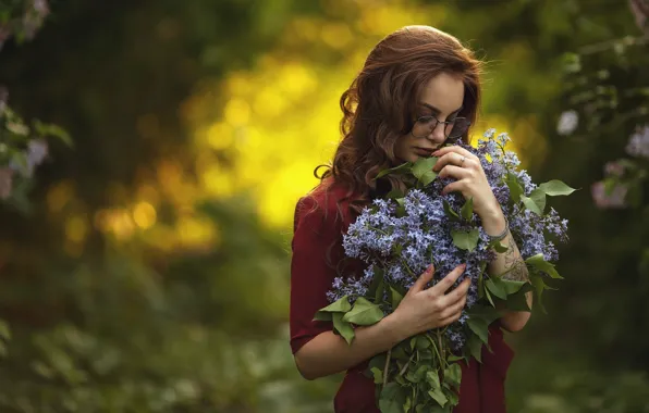 Picture look, girl, flowers, nature, hair, garden, glasses, lilac, bokeh, Sergey Sorokin