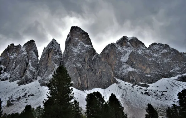 Picture winter, the sky, clouds, snow, trees, mountains, clouds, nature, rocks, Italy, The Dolomites, Трентино-Южный Тироль