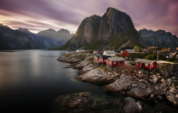 Picture sea, landscape, mountains, stones, shore, village, home, village, Norway, The Lofoten Islands, Lofoten, Sergey Zalivin, …
