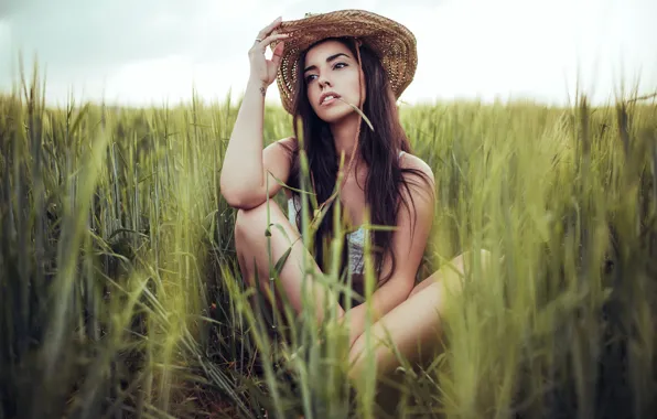 Picture field, grass, girl, nature, pose, hat, brunette, Borislav Georgiev